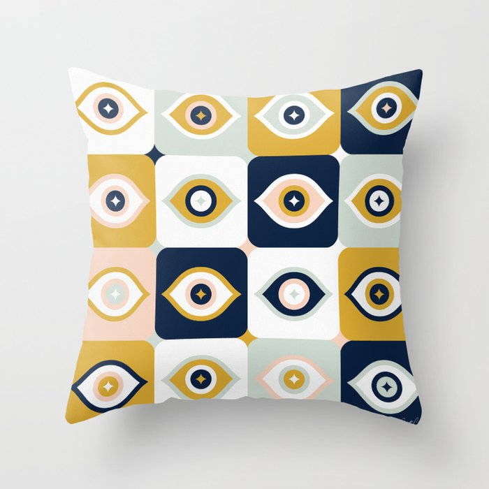 Checkered Retro Eyes Ochre Mint Navy Throw Pillow