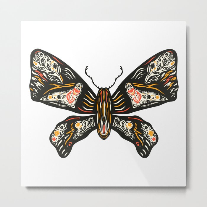 Colorful Butterfly with colored ornament. Hand drawn linocut illustration Metal Print