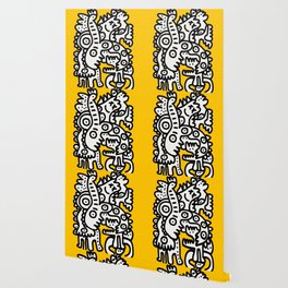 Black and White Cool Monsters Graffiti on Yellow Background Wallpaper