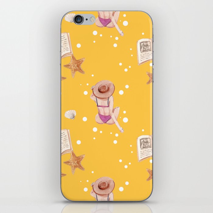 Vacation Watercolor Lady and Book on Daffodil Yellow iPhone Skin
