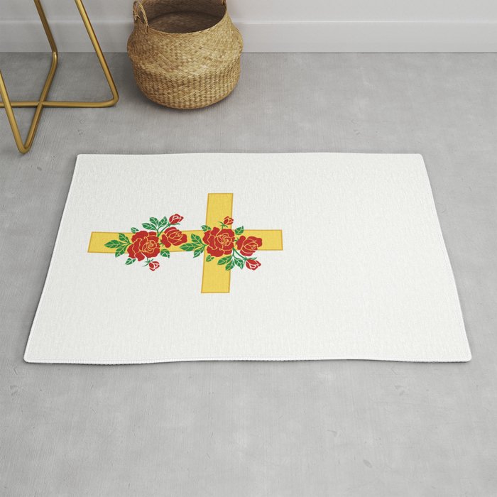 Yellow christian cross and red roses Rug