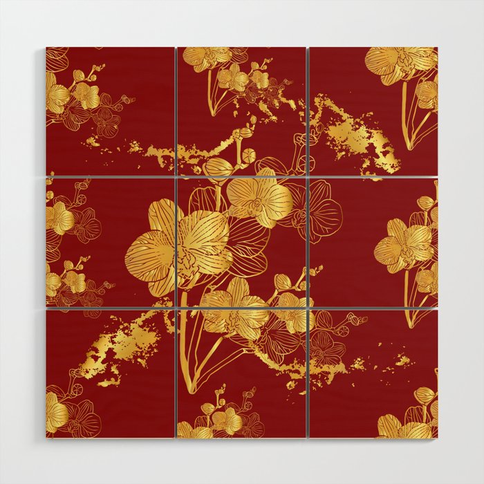 Gold & Maroon Floral Orchid Pattern Wood Wall Art