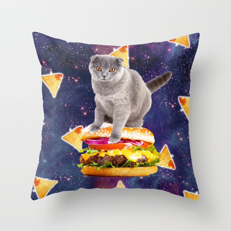 Space Kitty Cat Riding Burger With Nachos Throw Pillow By