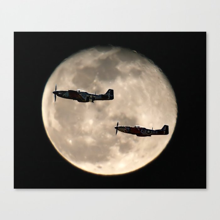 P 51 Mustang Aircraft Fly Moonlight Sortie Canvas Print