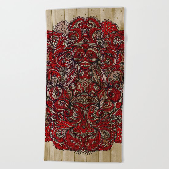 Red Indian Mandala on Wood Beach Towel