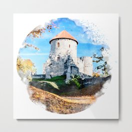 Watercolor painting of medieval castle in autumn Metal Print