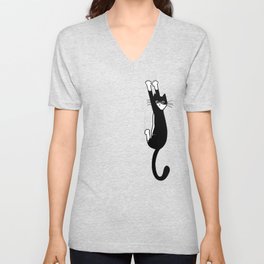 Black and White Cat Hanging On | Funny Tuxedo Cat V Neck T Shirt