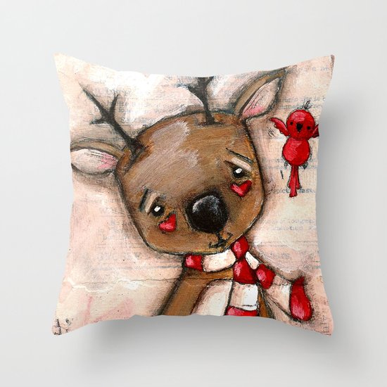 Red Bird and Reindeer - Christmas Holiday Art Throw Pillow by Studio Duda Art Society6