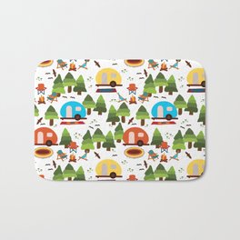 Campsite with caravans, campfire, camping chairs, trees, carpet, birds. Camping in the forest. Campground. RV. Camp night. Big scale. Bath Mat