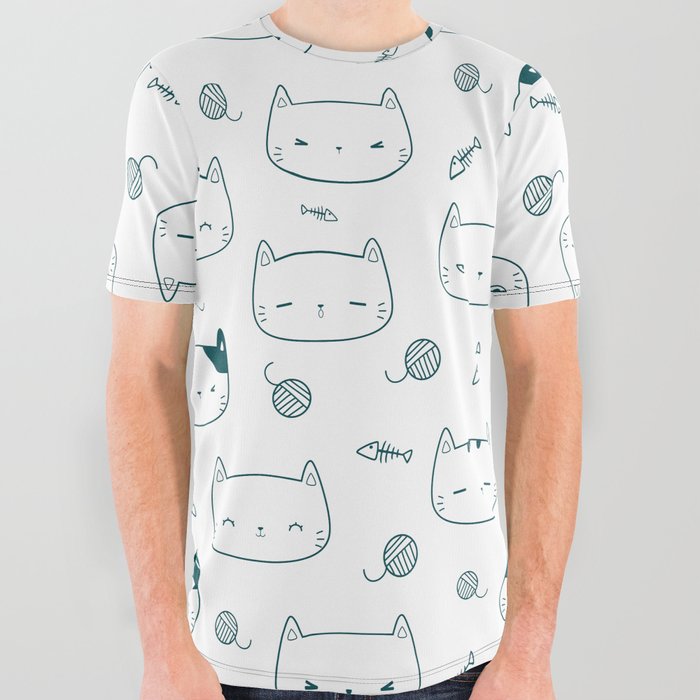 Teal Blue Doodle Kitten Faces Pattern All Over Graphic Tee