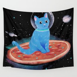 Cat Ride A Pizza Ship on Space Wall Tapestry
