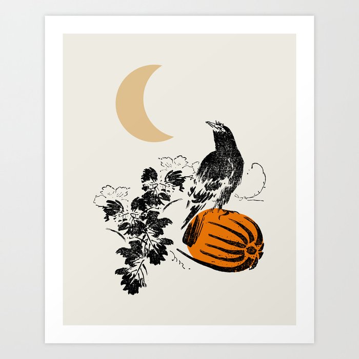 Raven Pumpkin and Moon Art Print