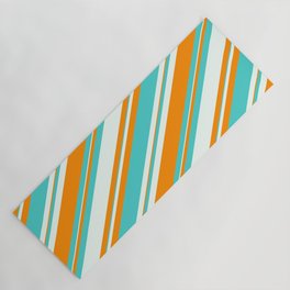 [ Thumbnail: Mint Cream, Dark Orange & Turquoise Colored Lined/Striped Pattern Yoga Mat ]