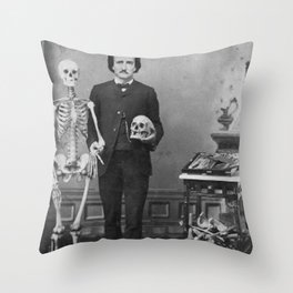 Edgar Allan Poe with Skull and Skeleton macabre black and white photograph Throw Pillow