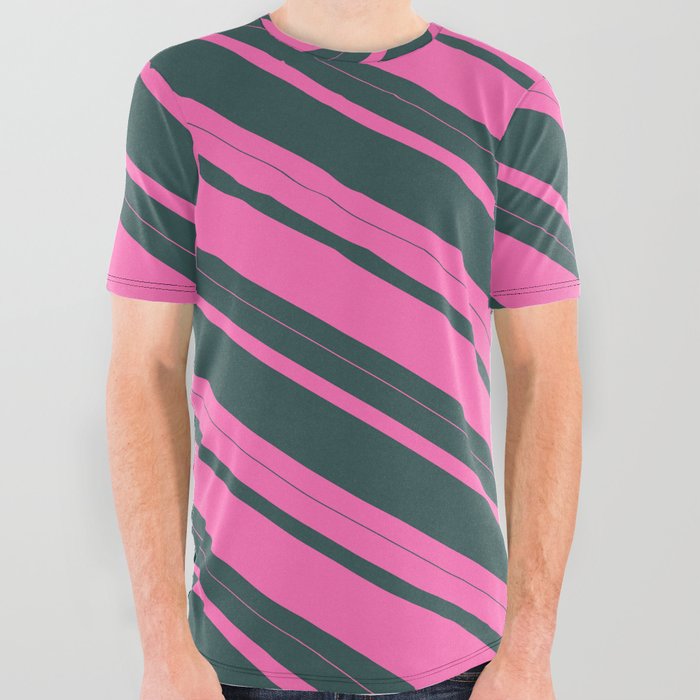 Hot Pink and Dark Slate Gray Colored Lined Pattern All Over Graphic Tee