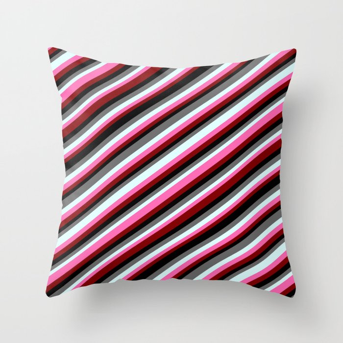 Colorful Dim Gray, Light Cyan, Hot Pink, Maroon & Black Colored Striped/Lined Pattern Throw Pillow