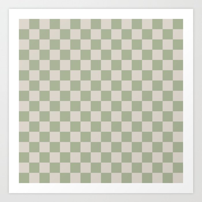 Checkerboard Check Checkered Pattern in Sage Green and Beige Art Print