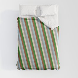[ Thumbnail: Eyecatching Dark Grey, Beige, Forest Green, Sienna, and Light Blue Colored Stripes/Lines Pattern Duvet Cover ]