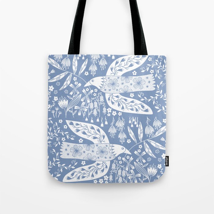 Doves and Flowers Bird Art White on Blue Tote Bag