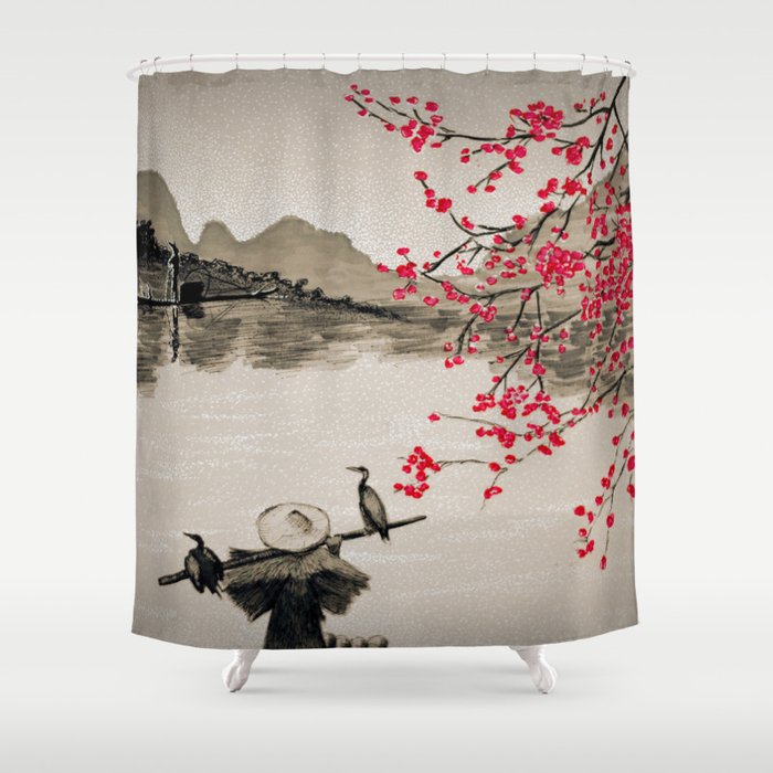 Japan Crane Fishing Shower Curtain