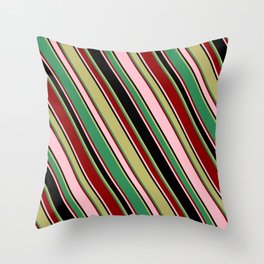 [ Thumbnail: Colorful Pink, Black, Dark Khaki, Sea Green & Dark Red Colored Pattern of Stripes Throw Pillow ]