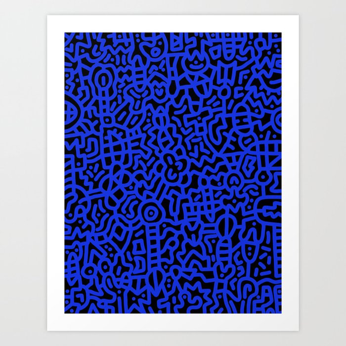 Cobalt Blue on Black Doodles Art Print