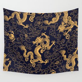 Chinese traditional golden dragon and peony hand drawn illustration pattern Wall Tapestry