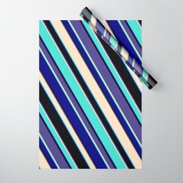 [ Thumbnail: Eye-catching Dark Slate Blue, Bisque, Turquoise, Blue, and Black Colored Lined/Striped Pattern Wrapping Paper ]