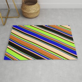 [ Thumbnail: Colorful Light Green, Blue, Tan, Chocolate & Black Colored Lines/Stripes Pattern Rug ]