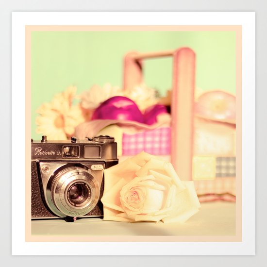 Film Camera and Rose (Retro and Vintage Still Life Photography) Art Print