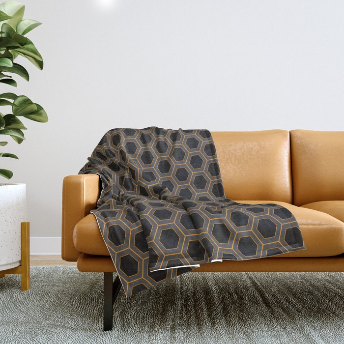 Black, Grey, and Orange Honeycomb Minimalist Pattern Throw Blanket
