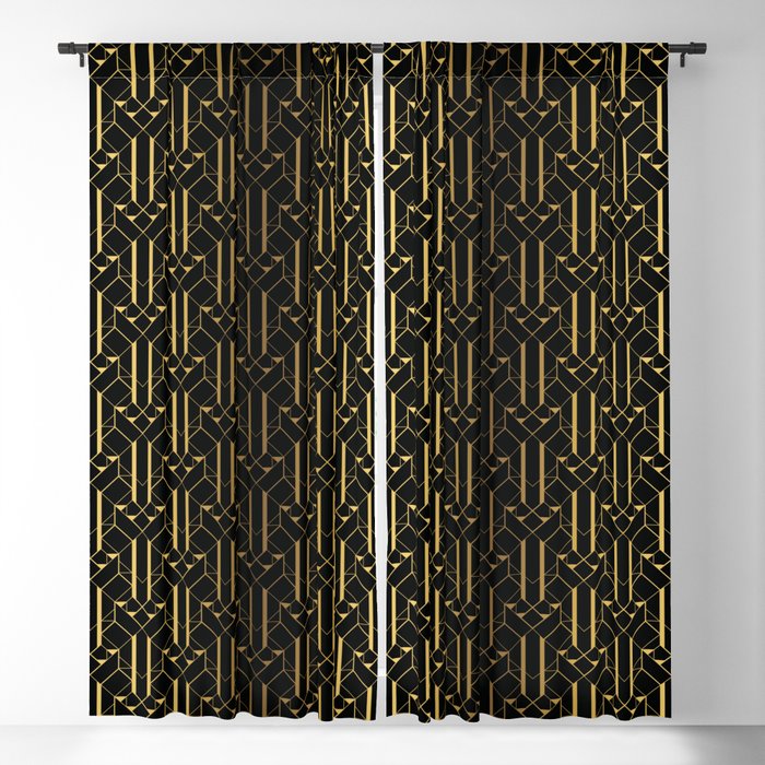 Black and Gold Vintage Art Deco Geometric Linear Repeat Pattern Blackout Curtain