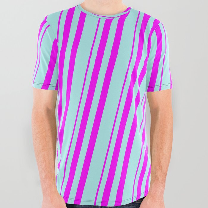Fuchsia & Turquoise Colored Striped/Lined Pattern All Over Graphic Tee