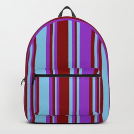 [ Thumbnail: Sky Blue, Dark Orchid, and Dark Red Colored Pattern of Stripes Backpack ]