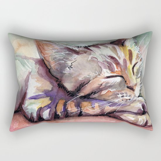 Sleeping Kitten Watercolor Cat Whimsical Cats Rectangular Pillow