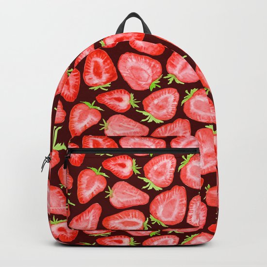 Fresh strawberry slices watercolor dark bg Backpack