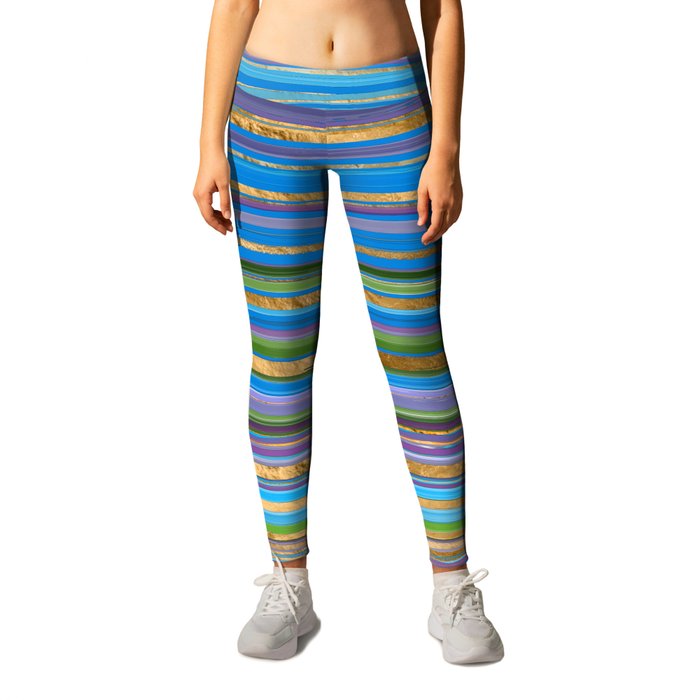 Brush Lines and Strokes - Blue Green and gold Leggings