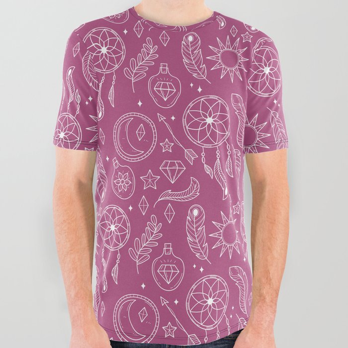Magenta And White Hand Drawn Boho Pattern All Over Graphic Tee