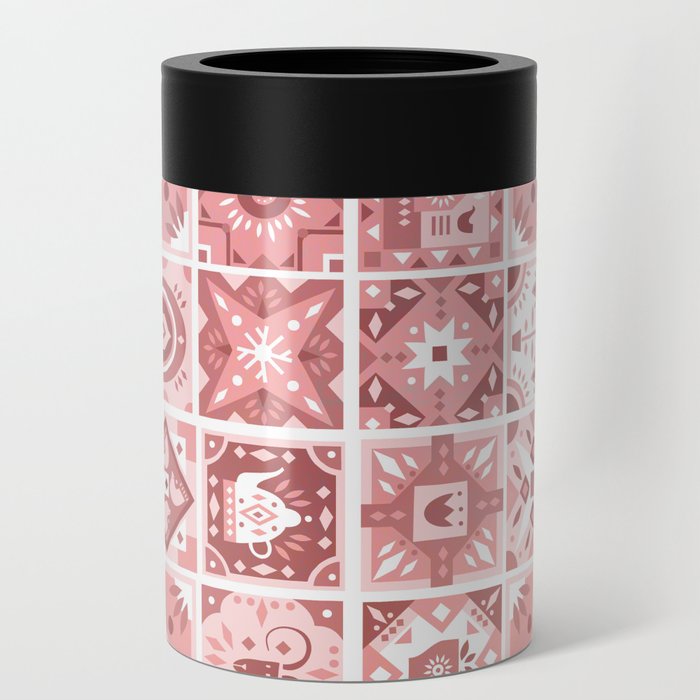 Abstract Coral Pink White Geometrical Tribal Mosaic Pattern Can Cooler