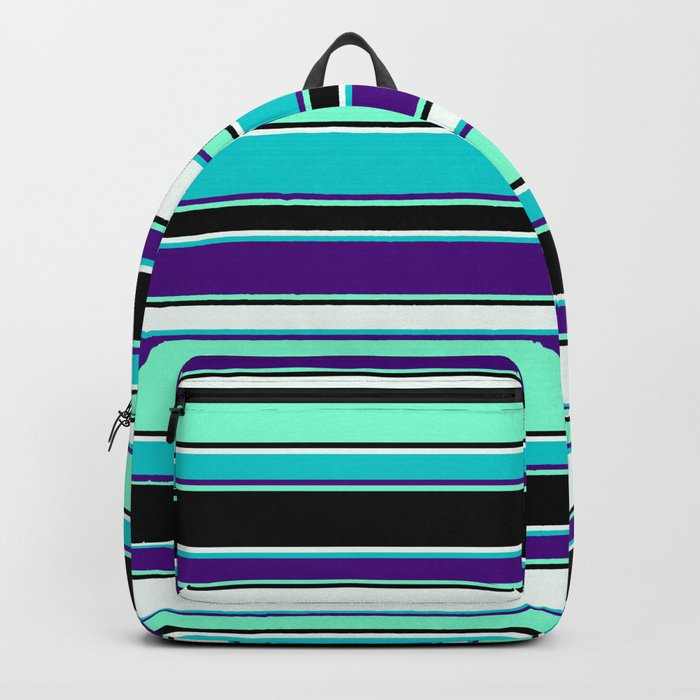 Mint Cream, Dark Turquoise, Indigo, Aquamarine, and Black Colored Striped/Lined Pattern Backpack