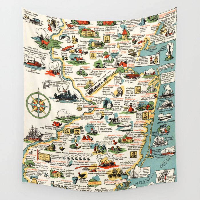 1935 Vintage Pictorial Map of New Jersey Wall Tapestry by ginneko 