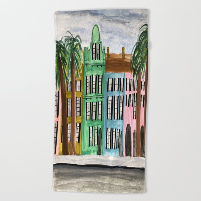 Rainbow Row Charleston South Carolina Watercolor Sketch Beach Towel