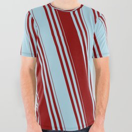 [ Thumbnail: Dark Red & Light Blue Colored Striped Pattern All Over Graphic Tee ]