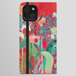 Red floral Jungle Garden Botanical featuring Proteas, Reeds, Eucalyptus, Ferns and Birds of Paradise iPhone Wallet Case