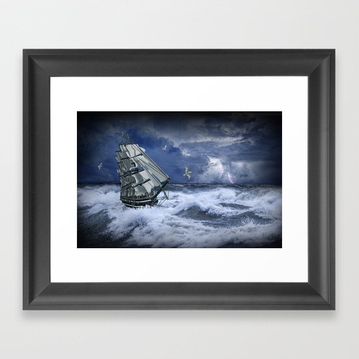 Three Masted Ship in a Thunder Storm on the High Seas Framed Art Print