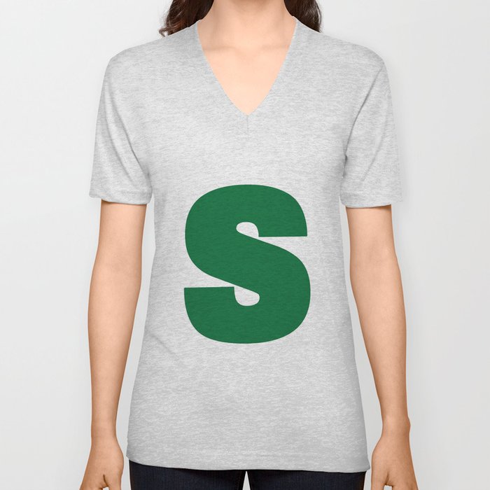 S (Olive & White Letter) V Neck T Shirt