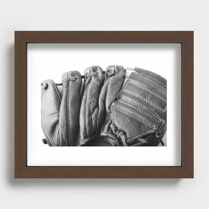 Old baseball leather glove in black and white Recessed Framed Print