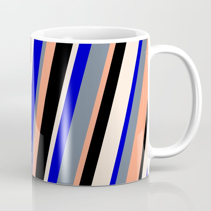 Colorful Blue, Slate Gray, Light Salmon, Black, and Beige Colored Lined/Striped Pattern Coffee Mug
