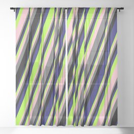 [ Thumbnail: Eye-catching Midnight Blue, Light Green, Pink, Dim Grey, and Black Colored Striped Pattern Sheer Curtain ]