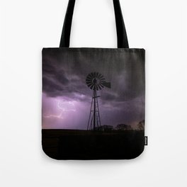 Lightning and Thunder - Storm Clouds Over an Old Windmill on a Stormy Night in Oklahoma Tote Bag
